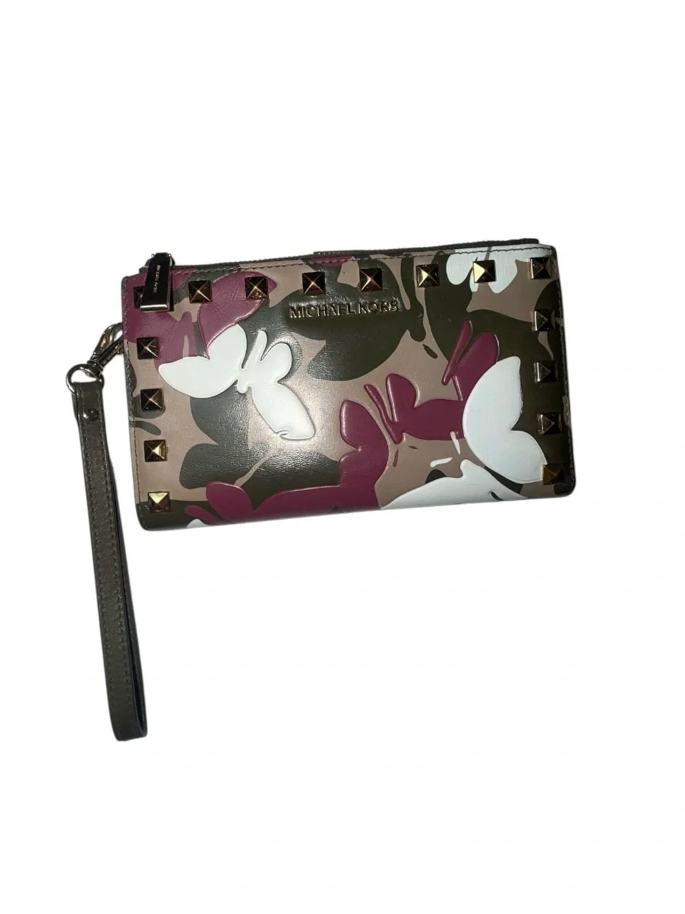 Michael Kors Camouflage Butterfly Studded Wristlet in Pink, White & Brown